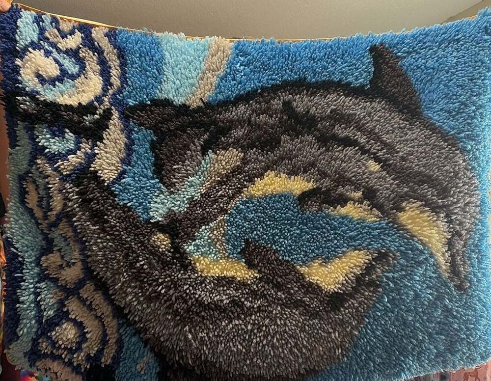 Vintage Dolphin Latch Hook Rug Wall Tapestry